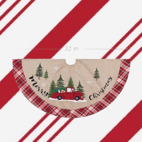 Christmas Tree Skirt, Burlap with Buffalo Check, Rustic Country Red Truck, 32" - Picture 3 of 5